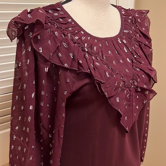 Loft Shimmer Dotted Ruffle Yoke Mixed Media Top in Crushed Blackberry, Size Med - Picture 8 of 17